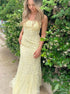 Sheath Spaghetti Straps Yellow Lace Up Appliques Tulle Prom Dress LBQ3145